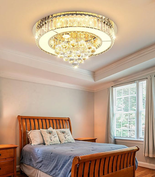 19.6'' Gold Modern Crystal Chandeliers for Dining Room LED Dimmable Light Fixtures Flush Mount Light Living Room Bedrooms