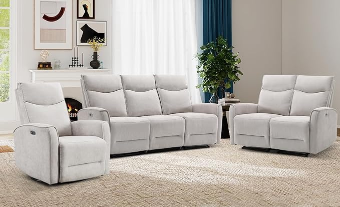 ANJ 3Pieces Recliner Sofa Furniture Set,Power Swivel Recliner Chair with USB Port, 2-Seater Loveseat Sofa and 80" Wide Overstuffed 3 Seater Reclining Couch for Living Room, Light Grey