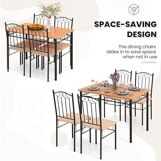 NAFORT 5-Piece Vintage Rectangular Table Set for 4, 4 Padded Chairs w/Metal Frame Wood Tabletop for Home Kitchen Dining Room Furniture Set for 4, Natural