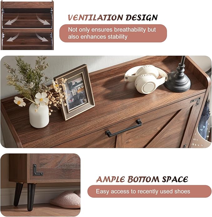 Shoe Storage Cabinet with 2 Flip Drawers, Farmhouse Hidden Shoe Organizer, Narrow Slim Shoe Rack Cabinet for Entryway Hallway,Walnut