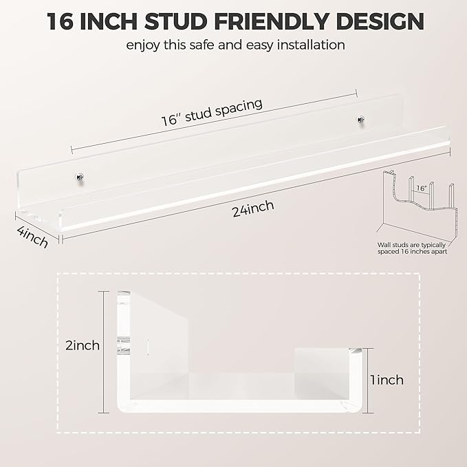 HBlife 24 Inches Invisible Wall Floating Bookshelf for Kids and Nursery, 16 Inch Stud Spacing Clear Acrylic Shelves for Figures, 3 Pack (5MM Thick)
