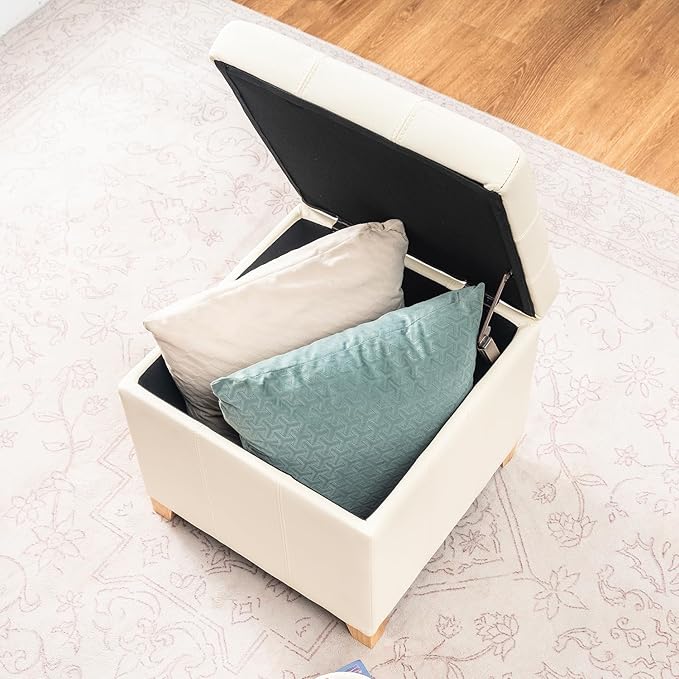 Adeco Square Storage Ottoman with Hinged Lid, 16" Upholstered Foot Stool & Seat for Entryway, Living Room, Faux Leather with Wood Legs (Ivory White)