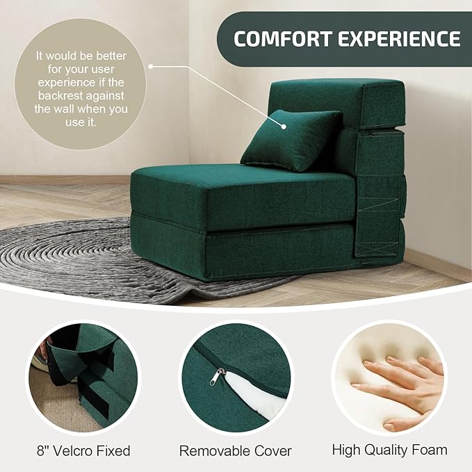 SUYOLS Folding Sofa Bed with Pillow- Convertible Chair Floor Couch & Sleeping Mattress, Foldable Memory Foam Sleeper for Living Room/Dorm/Guest Room/Home Office/Apartment/Loft, Single26, Dark Green