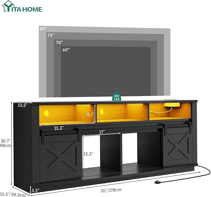 YITAHOME TV Stand for 75/80 Inch TV, Black Entertainment Center 70 Inches Wide, Media Furniture TV Table with with Power Outlet, TV Consoles for Living Room, Curved Desktop, Sliding Barn Doors