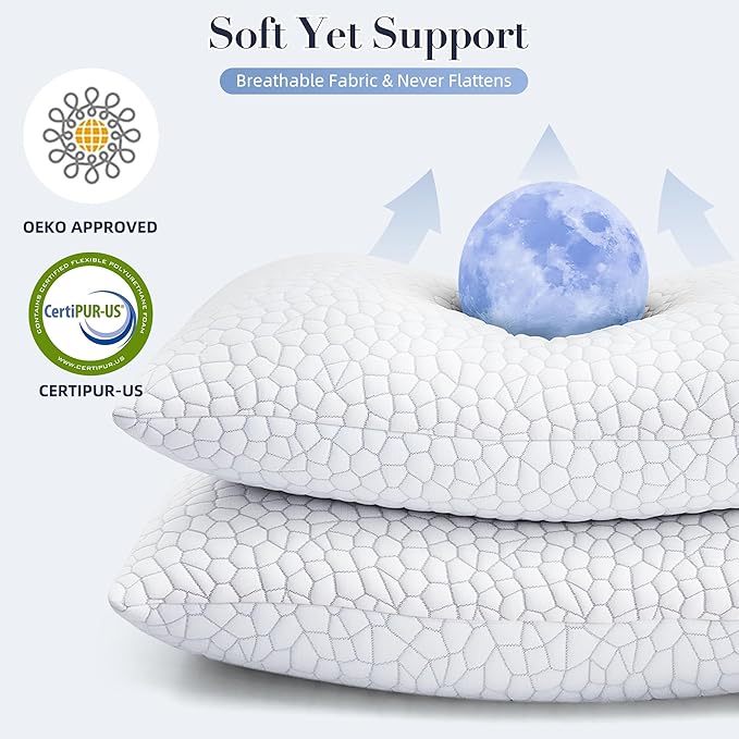 Yettbea Adjustable Shredded Memory Foam Pillows King Size Set of 2, Luxury Cooling Bamboo Rayon Pillow w/Washable Zippered Cover, Soft or Firm Support Bed Pillow for Side, Back, Stomach Sleeper