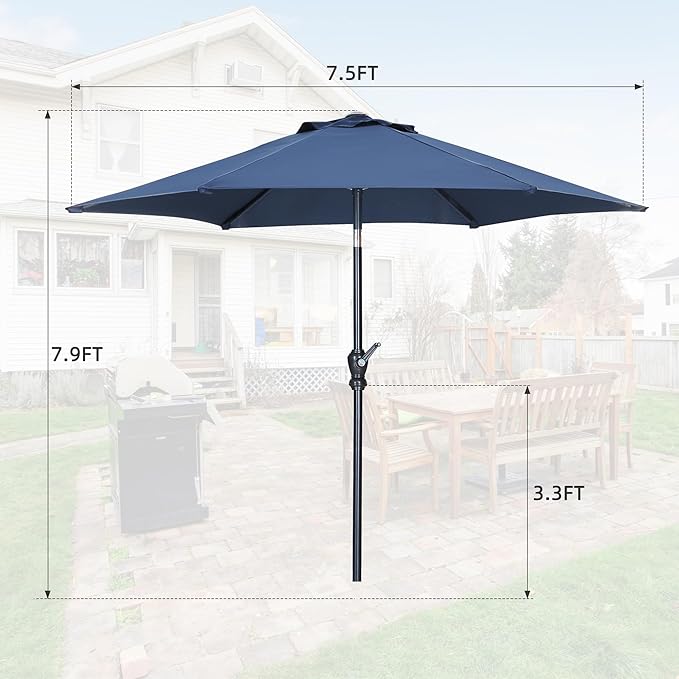 7.5FT Patio Umbrella, Outdoor Table Umbrella, Market Umbrella with Push Button Tilt and Crank for Garden, Lawn, Deck, Backyard & Pool