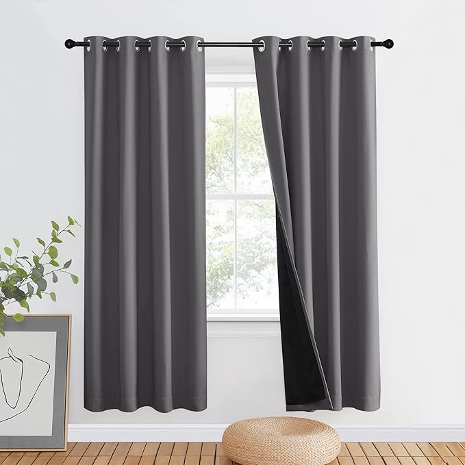 NICETOWN Grey Full Shade Curtain Panel, Energy Smart & Noise Blocking Out Blackout Drape for Dining Room Window, Thermal Insulated Guest Room Lined Window Dressing(1 PC, 46 x 72 inch)