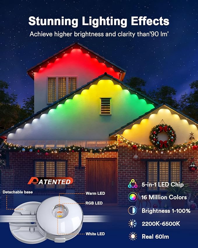 Lumary Permanent Outdoor Lights Max, 105ft with 80 LED Eave Lights 4800LM, RGBAICW Smart Outdoor Lighting IP67 Waterproof, Scene Modes for Daily and Accent Lighting, Works with Alexa/Google Assistant