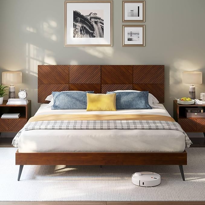 Bme Rhombus King Bed Frame – Solid Rubber Wood with Geometric Rhombus Headboard, Walnut Finish, Scandinavian Modern Platform Bed with Sturdy Slats & Metal Legs, No Box Spring Needed