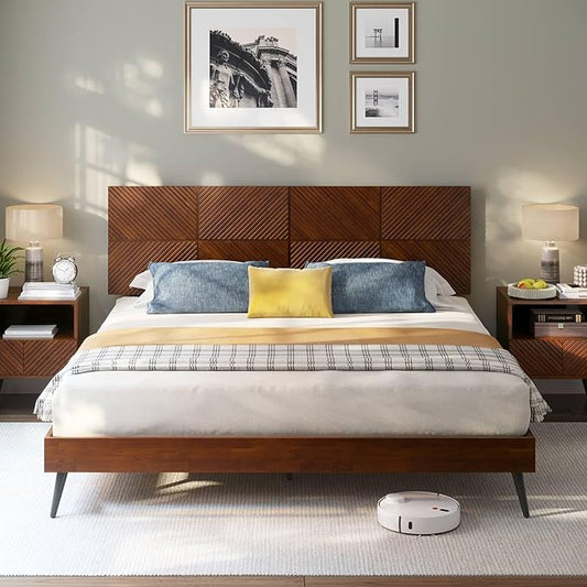 Bme Rhombus King Bed Frame – Solid Rubber Wood with Geometric Rhombus Headboard, Walnut Finish, Scandinavian Modern Platform Bed with Sturdy Slats & Metal Legs, No Box Spring Needed