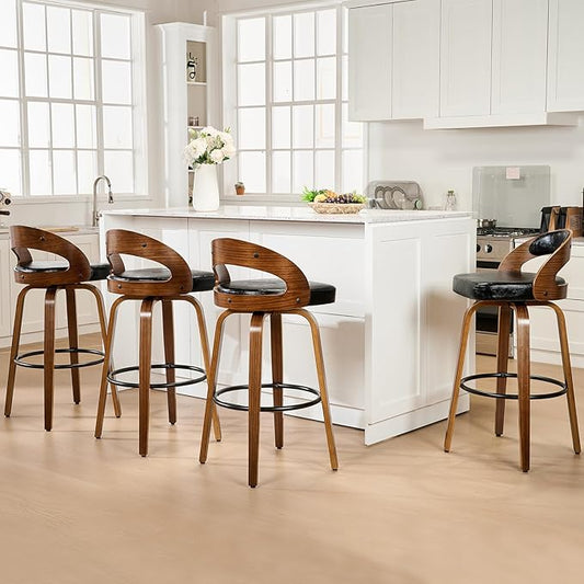 Swivel Bar Stool Set of 4, 30.15" Counter Height Bar Stools for Kitchen Island, Black Upholstered Faux Leather Stool with Back and Solid Wood Legs, Mid Century Modern Kitchen Counter Chair