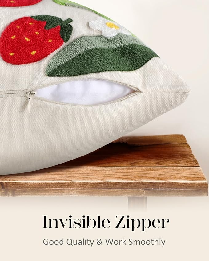 Embroidered Throw Pillow Cover - 18x18 Decorative Pillow Cover with Zipper Aesthetic Cute Design Boho Spring Summer Throw Pillowcase for Living Room Couch Sofa Bed, Leaf Strawberry