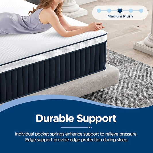 Queen Mattress, 14Inch Medium Plush Supportive Memory Foam Hybrid Mattress, Pressure Relief 7-Zone Individual Pocket Springs Queen Size Mattress in a Box, CertiPUR-US Certified, 60"*80"
