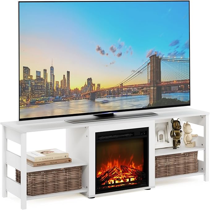 Furinno Classic 70 Inch TV Stand with Fireplace, White Emboss