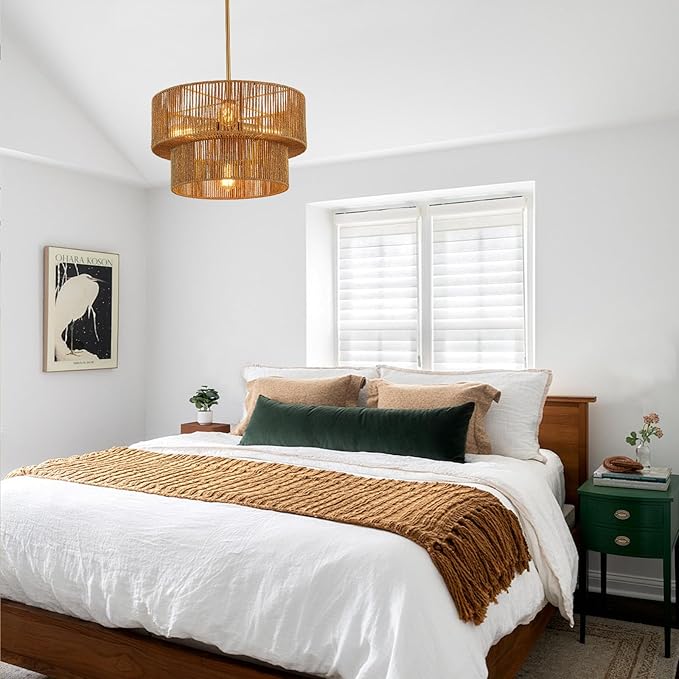 17.8" Golden Boho Rattan Chandelier Light Fixture 4-Light Hand-Woven Bamboo Vintage Farmhouse Chandelier Drum Wicker Chandeliers for Dining Room, Living Room, Kitchen Island,Bedroom,Foyer