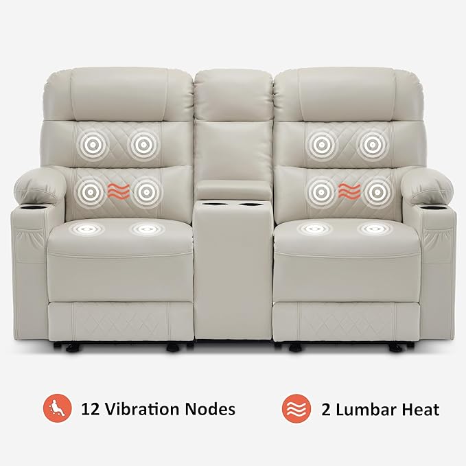MCombo Zero Gravity Power Loveseat Recliner with Console, Heat and Vibration Massage, Reclining Loveseat Sofa with USB Ports, Cup Holders for Living Room, Faux Leather PR622Sets (Light Grey)