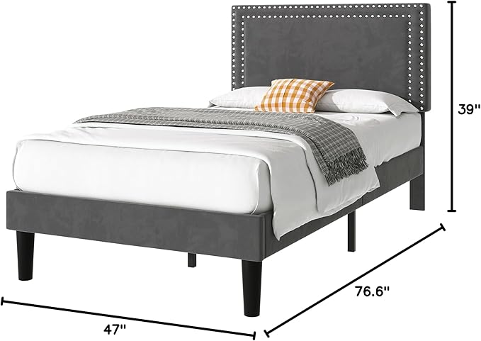 VECELO Twin Size Platform Bed Frame with Adjustable Upholstered Headboard, Strong Wood Slat Support, No Box Spring Needed, Easy Assembly