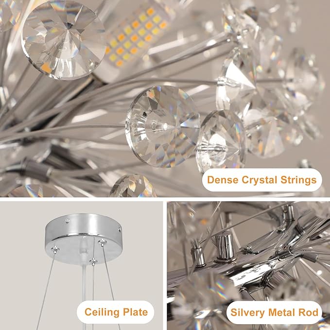 Depuley 20-Light Modern Silver Crystal Chandelier, 26.8" Firework Crystal Ring Chandeliers, Round Dandelion Chandelier, Sputnik Ceiling Pendant Light Fixtures for Dining Room(G9 Bulbs Included)