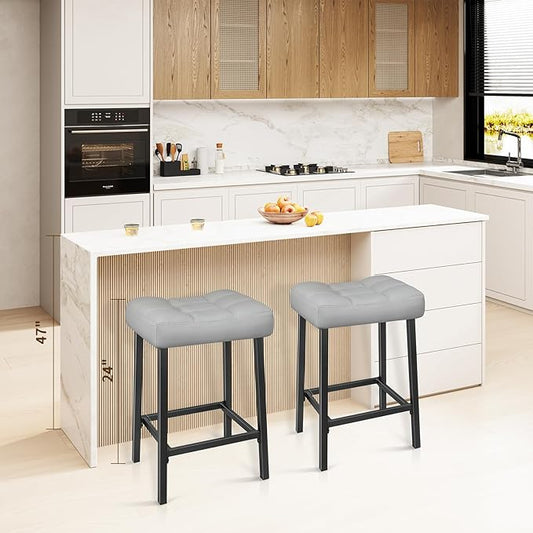 Bar Stools Set of 2, 24 Inch Backless Saddle Bar Stools, Double Needle Upholstered Padded Saddle Metal Stools for Kitchen Counter, Light Grey