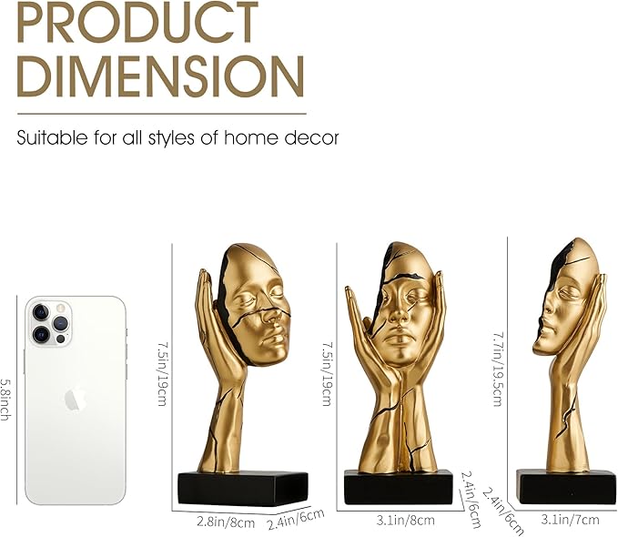 Gold Art Statues Home Decor 7.5" H Resin Face Sculptures for Coffee Table Bookshelf Office Desk, Modern Abstract Art Sculptures Living Room Office Decorations