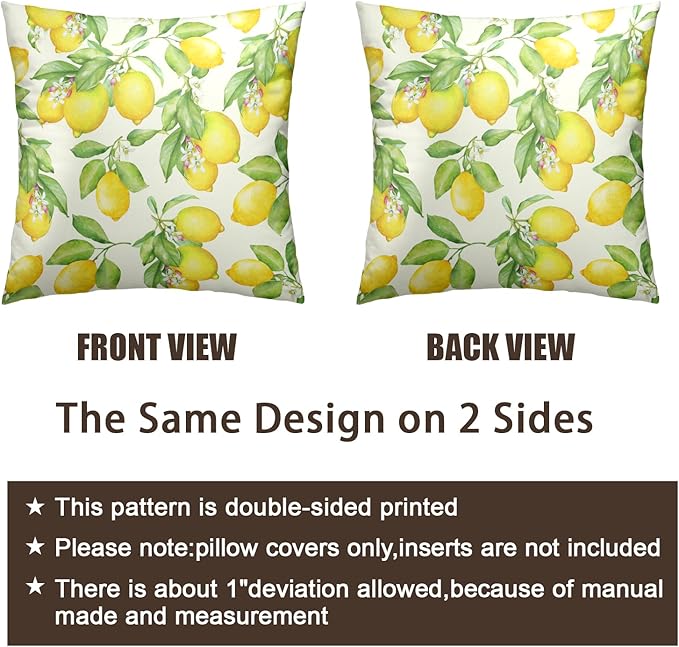 Yellow Lemon Throw Pillow Cover 24 X 24 Inch Summer Fruit with Leaves Floral Print Pillow Case Set of 2 Watercolor Yellow Green Cushion Cases for Farmhouse Living Room Sofa Decor