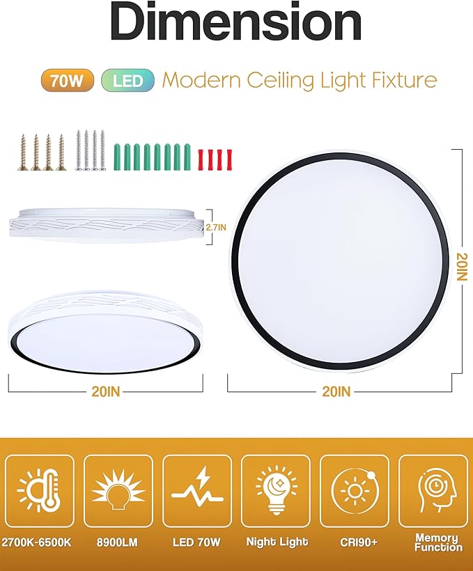 Led Ceiling Light Flush Mount,Bedroom Lights for Ceiling,led Kitchen Ceiling Light,Dimmable 70W 8000LM,3CCT Selectable Color Temperature,20 in for Living Room,Office,Hallway,Bedroom,Kitchen
