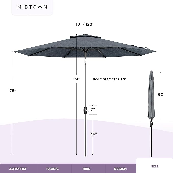 Midtown Umbrellas - 10-Year-No-Fade 10 Ft Patio Umbrella with Terylast Fabric, Auto-Tilt Aluminum Frame and 8 Reinforced Ribs for Deck, Pool, Garden & Beach - Heather Grey Canopy, Black Pole