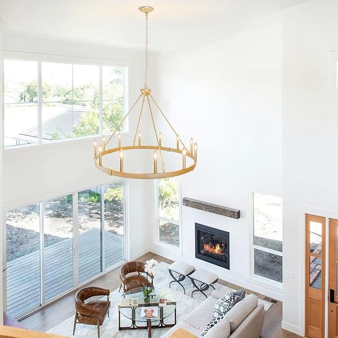 Gold Wagon Wheel Chandelier 37.4 inch, 12-Light Large Round Industrial Gold Farmhouse Chandeliers for High Ceilings Dining Room Living Room Foyer Entryway Outdoor Porch