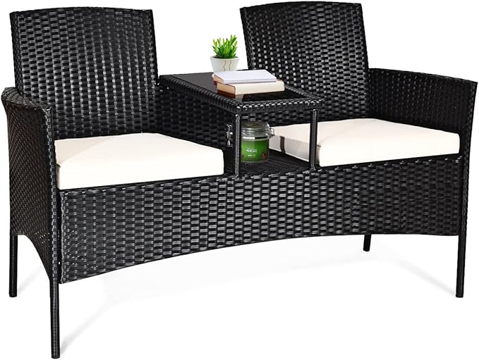 HAPPYGRILL Rattan Wicker Loveseat with Coffee Table Outdoor Patio Loveseat Conversation Sofa Furniture with Cushions for Garden Lawn Backyard Porch