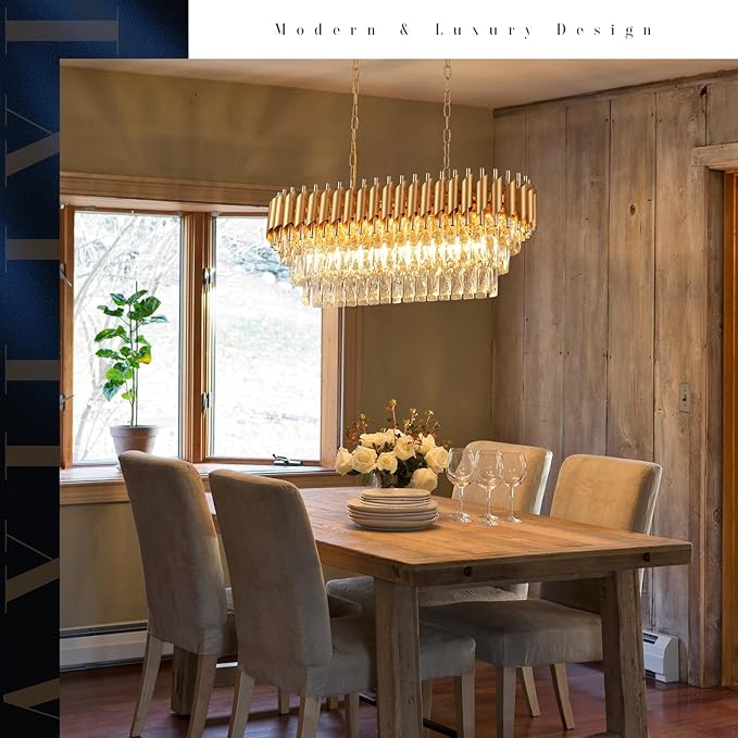 Modern Rectangular Chandelier Gold Crystal Chandeliers for Dining Room 8-Light Linear Ceiling Pendant Light Long 32” Luxury Oval Chandelier for Kitchen Island Living Room