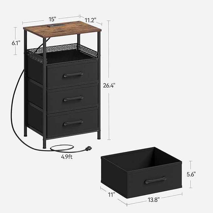Nightstand Set of 2, Night Stands with Charging Station, 26.4 Inch Tall Bedside Table with Metal Shelf, Modern Side End Table with 3 Fabirc Drawers, Small Dresser for Bedroom, Rustic Brown