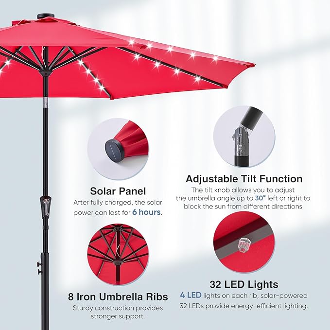 DUMOS 10 FT Outdoor Patio Umbrella with 32 LED Lights, UV-Resistant Outdoor Table Umbrella with Tilt and Crank for Backyard, Deck, Garden and Beach, Red