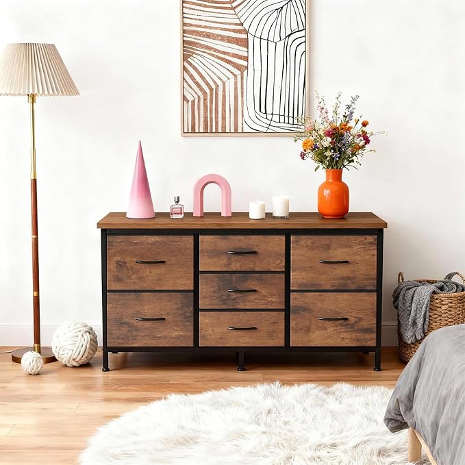 DUMOS TV Stand 7 Drawer Dresser for Bedroom with Storage TV Stands for Living Room Grey, Farmhouse Entertainment Center Media Console Table with Metal Frame Adjustable Feet