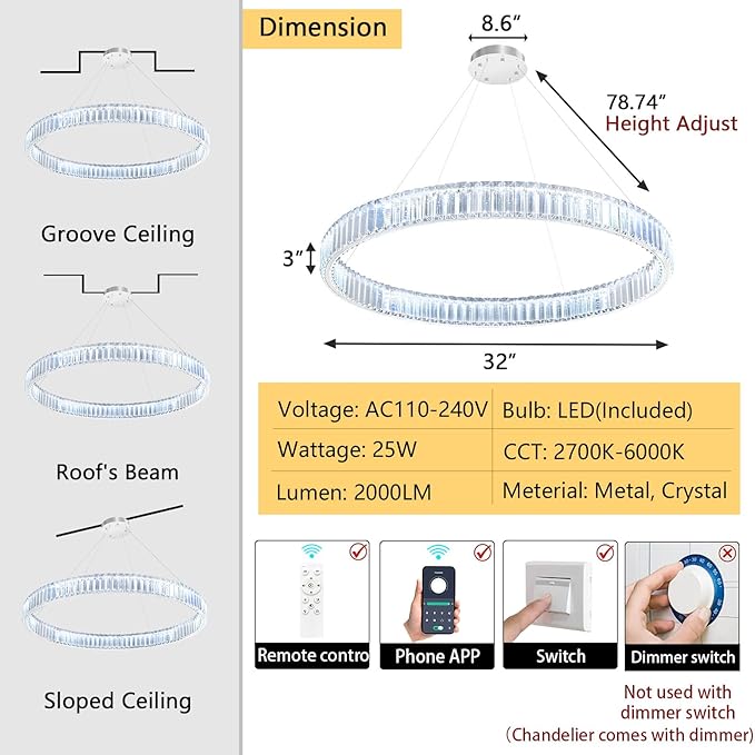 32'' Modern Ring Chandelier Crystal Chandeliers for Dining Room Round LED Dimmable Ceiling Light Fixture for Living Room Bedroom Lighting Silver