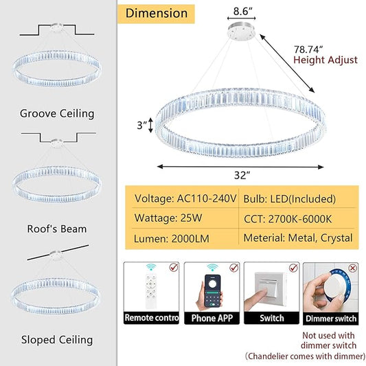 32'' Modern Ring Chandelier Crystal Chandeliers for Dining Room Round LED Dimmable Ceiling Light Fixture for Living Room Bedroom Lighting Silver