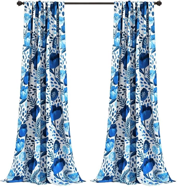 Lush Decor, Blue Poppy Garden Curtains Light Filtering Window Panel Set for Living, Dining, Bedroom (Pair) 95” x 52"