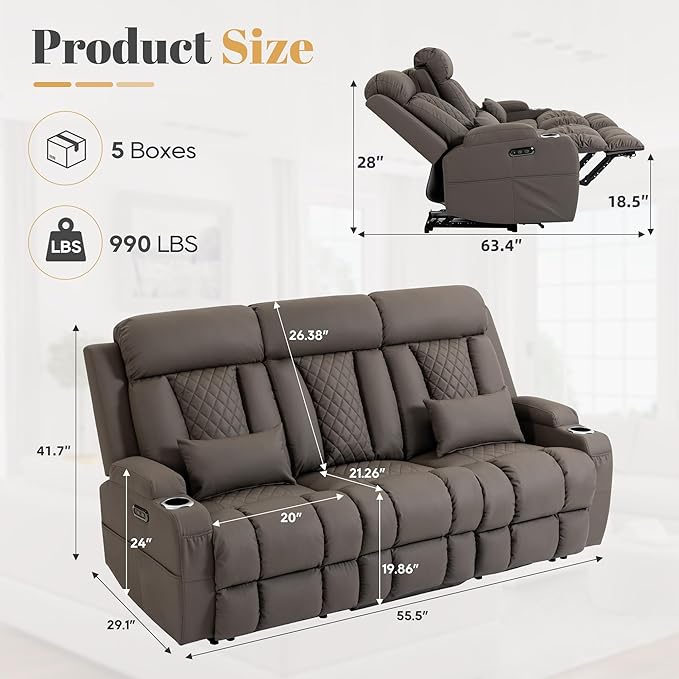 2-Piece Power Reclining Sofa Set, 3-Seater Sofa with Drop-Down Console & 2-Seater Loveseat, Zero Wall Hugger Electric Recliner Couch with Adjustable Headrest, AC Outlets (Brown, 3+2 Set)