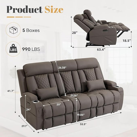 2-Piece Power Reclining Sofa Set, 3-Seater Sofa with Drop-Down Console & 2-Seater Loveseat, Zero Wall Hugger Electric Recliner Couch with Adjustable Headrest, AC Outlets (Brown, 3+2 Set)