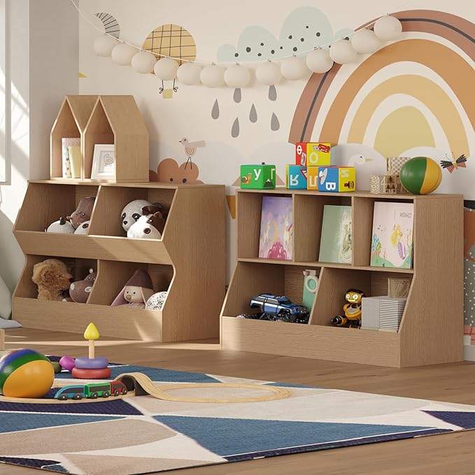 DINZI LVJ Toy Storage Organizer, Kids Bookshelf, Wooden Toy Storage Cabinet, 5 Cubby Children Bookcase, 43.3" L Toddler Book Shelf for Playroom, Living Room, Nursery, Hallway, School, Natural