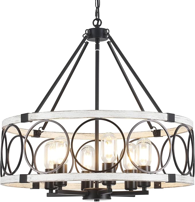 Rustic Farmhouse Chandelier 6 Light, Dining Room Light Fixtures Over Table, Hanging Farmhouse Light Fixture Round Chandelier for Kitchen Island Entryway Foyer Bedroom-Black & White Oak