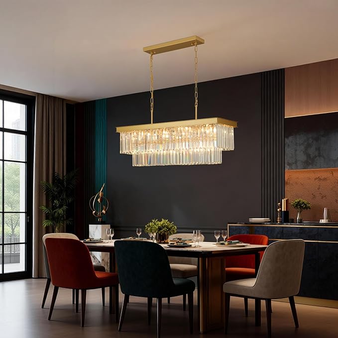 Crystal Chandeliers for Dining Room Light Fixtures Over Table，11-Lights Gold Modern Rectangle Chandeliers for Kitchen Island Bar L33.5 Inch