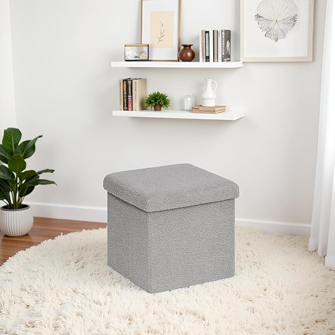 15 Inches Small Storage Ottoman - Square Ottoman with Sherpa Top,Storage Bench for Bedroom 15" D x 15" W x 15" H-Grey