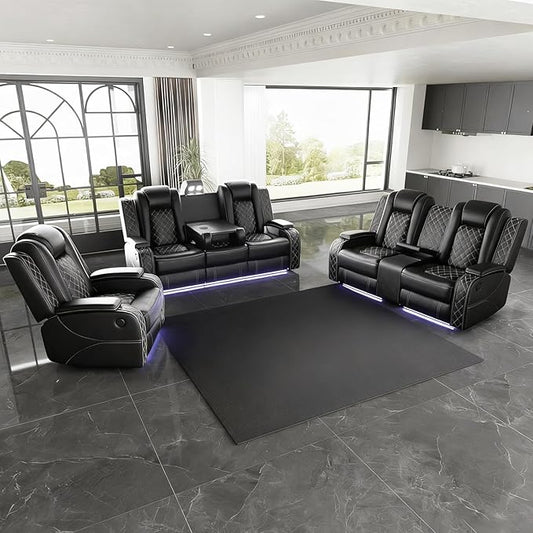 Power Leather Recliner Sofa Set with LED Light,Leather Couch Set for Reclining Sofa with Drop-Down Table/Loveseat with Storage Console/Single Chair 3 PCS Living Room Furniture(Black,3+2+1)