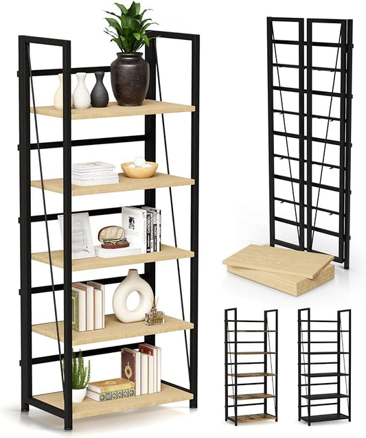 5 Tier Wood Book Shelf Organizer, No Assembly Bookshelf for Bedroom Living Room Office, Rustic Foldable Book Case, Tall Bookshelves, Open Book Shelves, Decorative Folding Shelf Display, Tall Bookcase