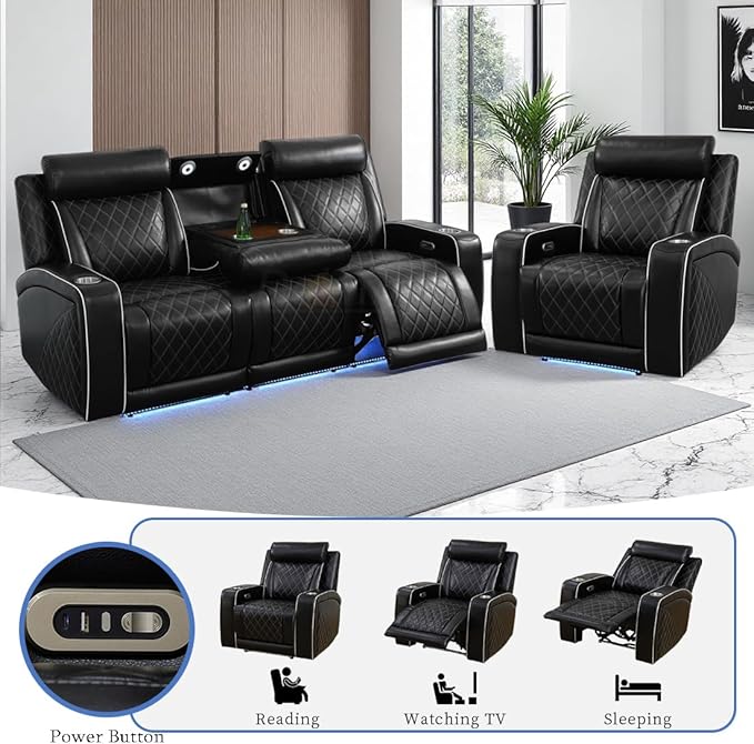 Black Breathing Leather Reclining Sofa Set, Living Room Furniture Sets, 2PC Power Recliner Sofa Chair with Cup Holders/LED Lights/Charging Ports/Storage Console for Living Room/Office