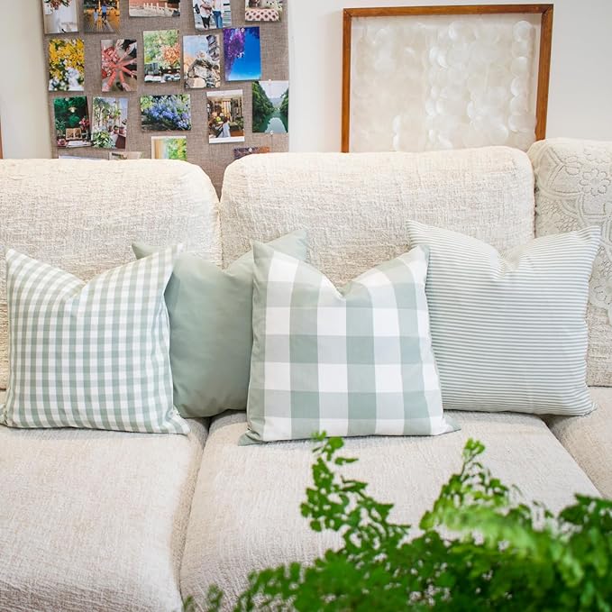 HOPLEE Farmhouse Sage Green Fall Pillow Covers 24x24 Cushion Cover with Buffalo Plaid, Solid Sage Green, Striped and Gingham Plaid Design 24x24 inch,4 Pack