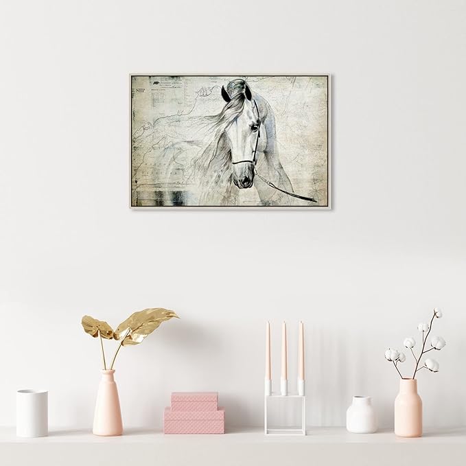 Country Farmhouse Canvas Print Painting Animal Wall Art 'Southern White Horse' Champagne Framed Canvas Rustic Home Décor 24x16 in Gray, Brown by Oliver Gal