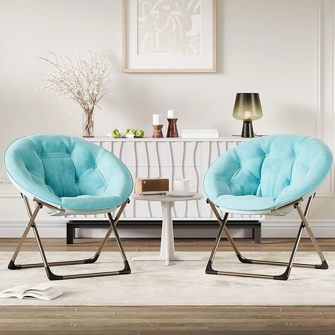 GAOMON Saucer Chair, Comfy Chair Faux Fur Lounge Moon Chair with Folding Metal Frame, Oversized Plush Flower Accent Seat for Adults, Teens & Kids, for Teens, Bedroom, Dorm or Living Room, Blue