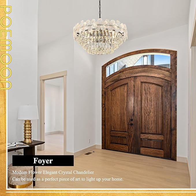 11 Lights Modern Crystal Chandelier 24" 6-Tier Black Luxury Flower Chandelier Light Fixture for Living Dining Room Kitchen Entryway Bedroom Foyer, E12