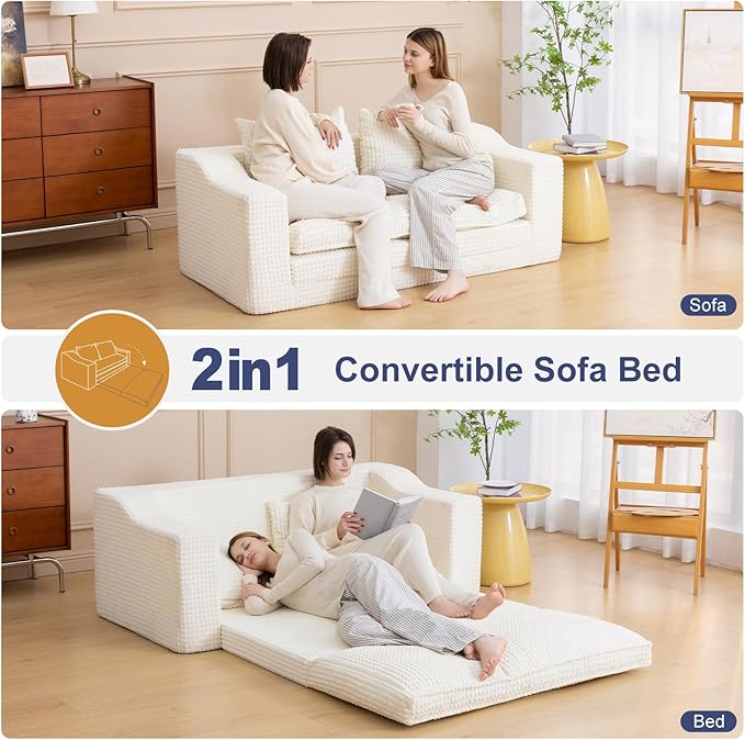 61" Convertible Sofa Bed Loveseat, Memory Foam Boneless Floor Couch with Removable Corduroy Cover, Tri-folding Compact Full-size Sleeper for Small Living Room, Playroom, Guest Room, RV (White) | Convertible Sofa Bed, Premium Memory Foam, Ergonomic Desi...